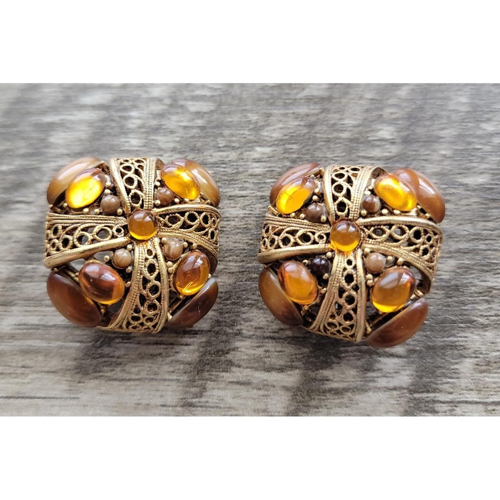 Vintage Oscar De La Renta Clip On Earrings Cabochon Goldtone Runway Amber Square